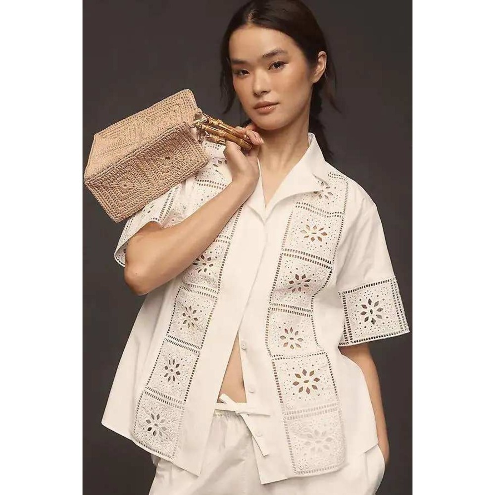 ALIGNE Women's Ulysses White Eyelet Embroidered Organic Cotton Shirt- Small